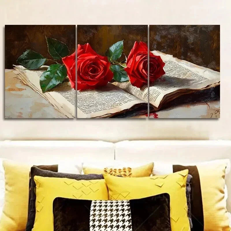3-Piece Red Roses Newspaper Wall Art Set - Framed Canvas 50x70cm | High Quality Print | 100% Australian Made | Ready to Hang | Perfect for Living Room, Bedroom & Office Decor