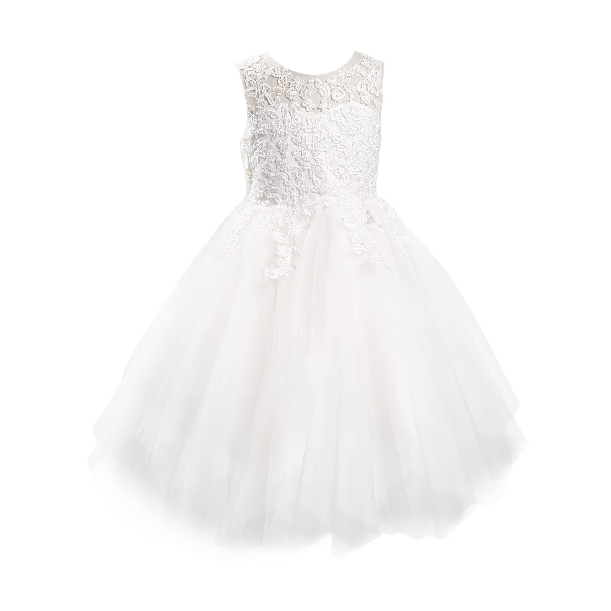 Ivory & Pink Sheer Lace Back Flower Girl Dress - Tulle Wedding Party Dress for Kids | Perfect for Bridal Showers, First Communion & Special Occasions