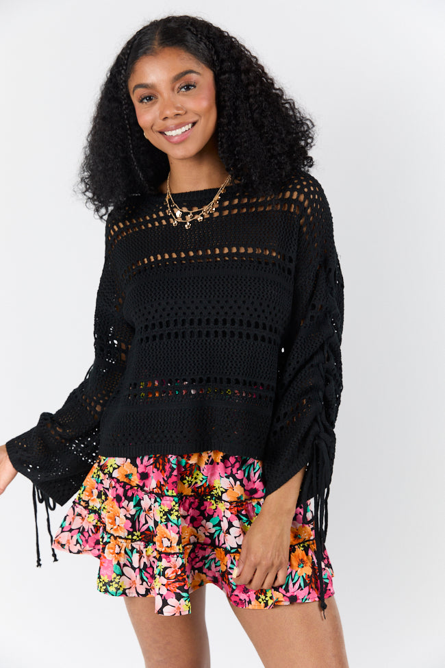 Easy Going Black Open Knit Boat Neck Sweater for Women - Lightweight Loose Fit Pullover Top for Casual Wear & Layering