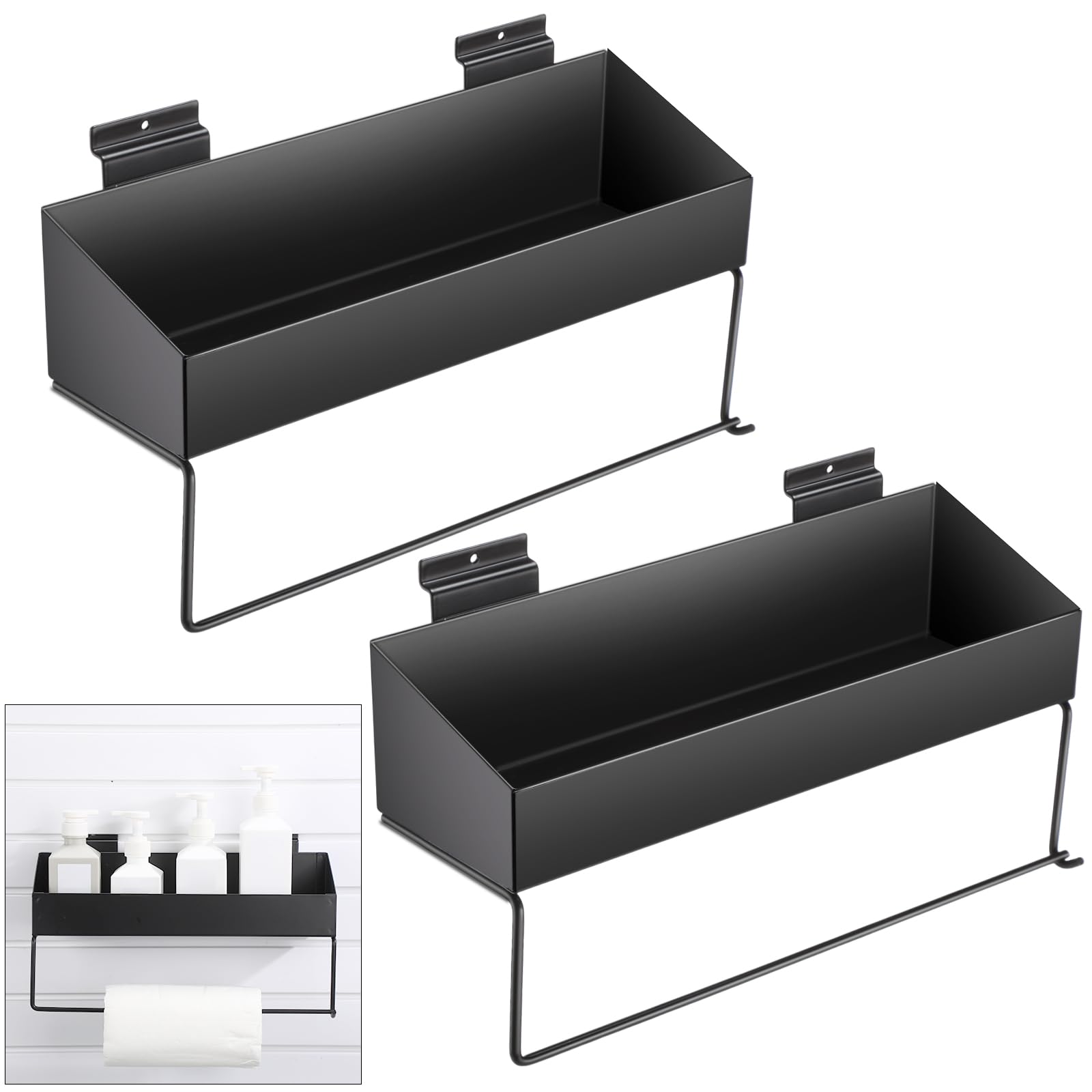 Suclain 2-Pack Stainless Steel Slatwall Paper Towel Holder & Wall Mount Shelf - No Drill Bathroom Storage Organizer for Kitchen, Laundry Room & Utility Spaces (Black)