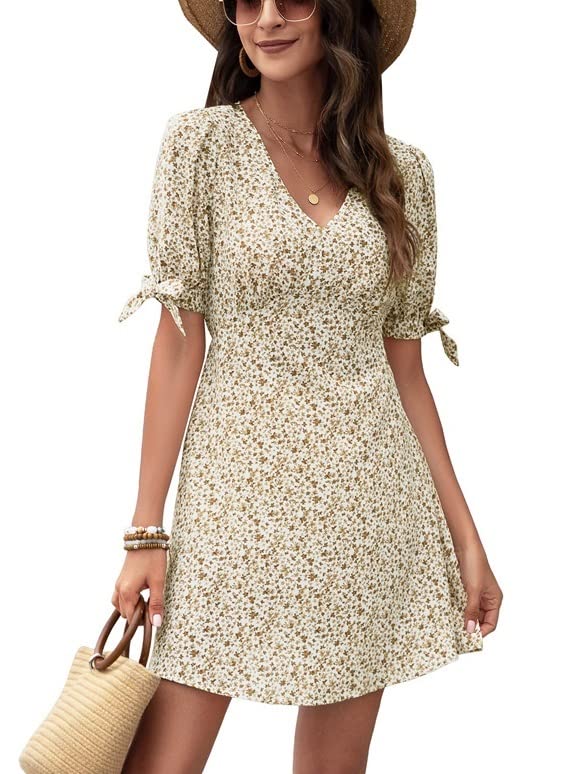 Escaco Women's Summer Dress - Short Sleeve V Neck Mini Dress, Solid Color & Floral Print, High Waist Casual Sundress for Beach, Party, and Daily Wear