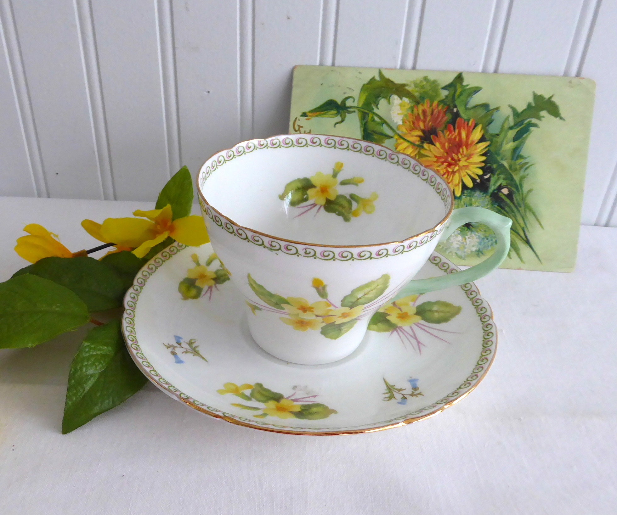 Vintage Shelley Primrose Cambridge Cup and Saucer Set with Green Handle & Gold Trim - 1950s English Fine China for Afternoon Tea & Collectible Display