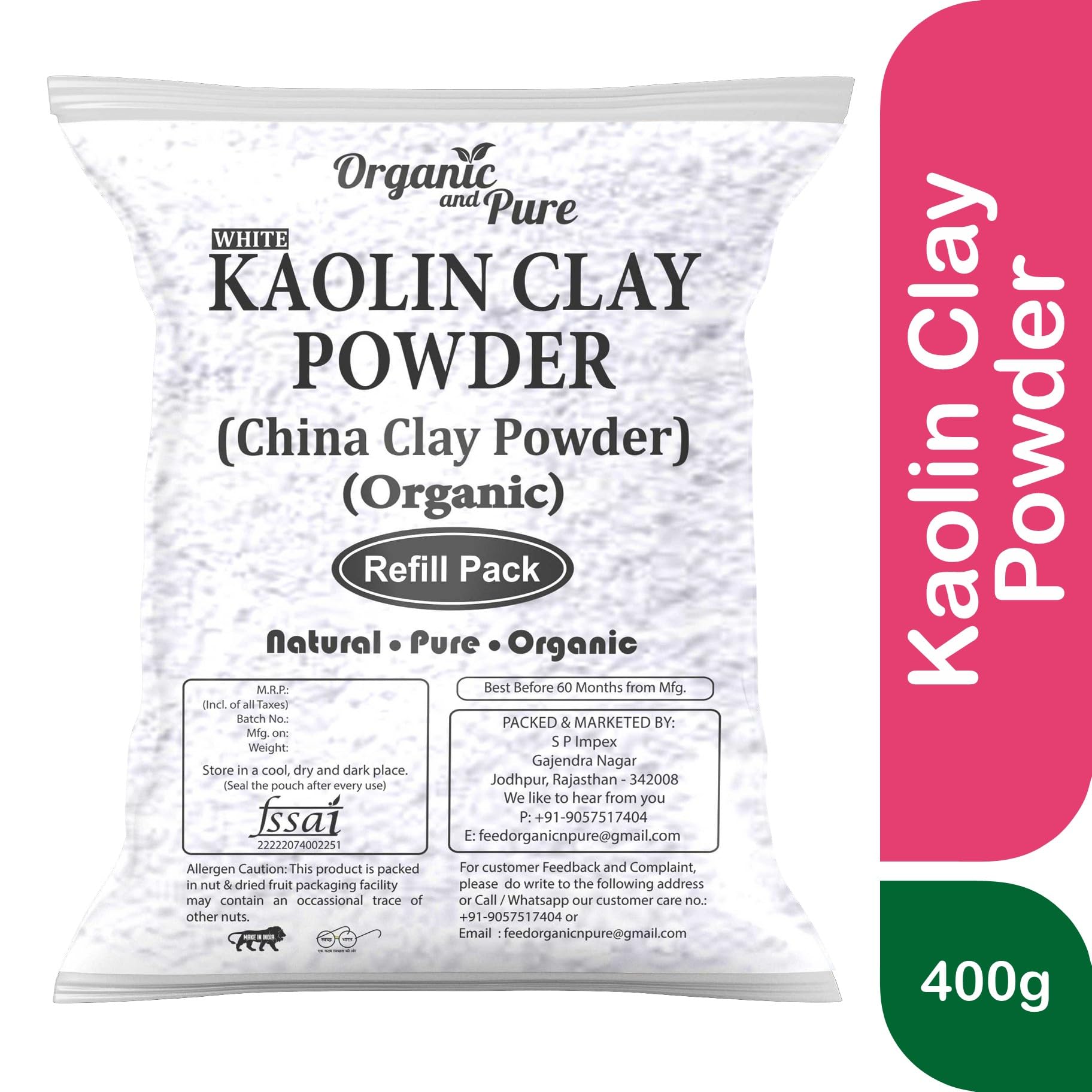 Organic Kaolin Clay Powder 400g - Pure White China Clay for Skin Whitening, Acne Treatment & Hair Care | Gentle Facial Mask, DIY Beauty Recipes, Spa Quality Cosmetic Clay | Refill Pack for Skincare Enthusiasts