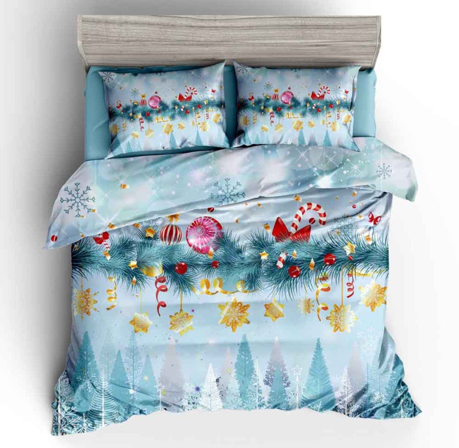 Merry Christmas Bedding Set 4 Pcs - Xmas Snowflake Tree Printed Duvet Cover with Pillowcases, Holiday Home Decor for Kids & Adults - Single/Twin/Queen/King Size (US Queen 228x228cm) - Perfect for Christmas Decorations, Winter Bedroom Makeover & Cozy Holiday Nights