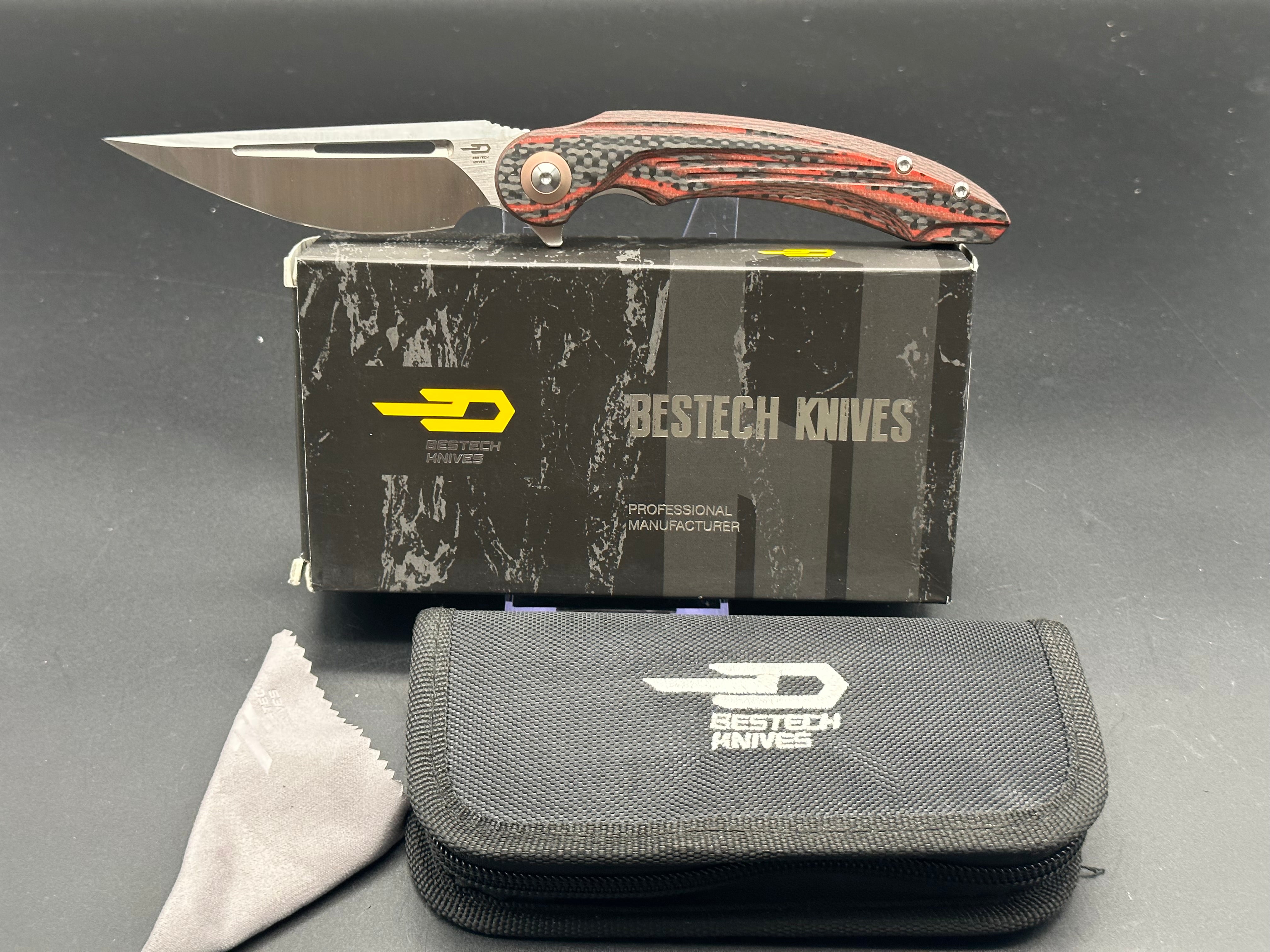 BESTECH IRIDA Folding Pocket Knife - Black & Red G10 Carbon Fiber Handle, 14C28N Stainless Steel Plain Blade (BG25E) | EDC, Camping, Outdoor Survival Tool