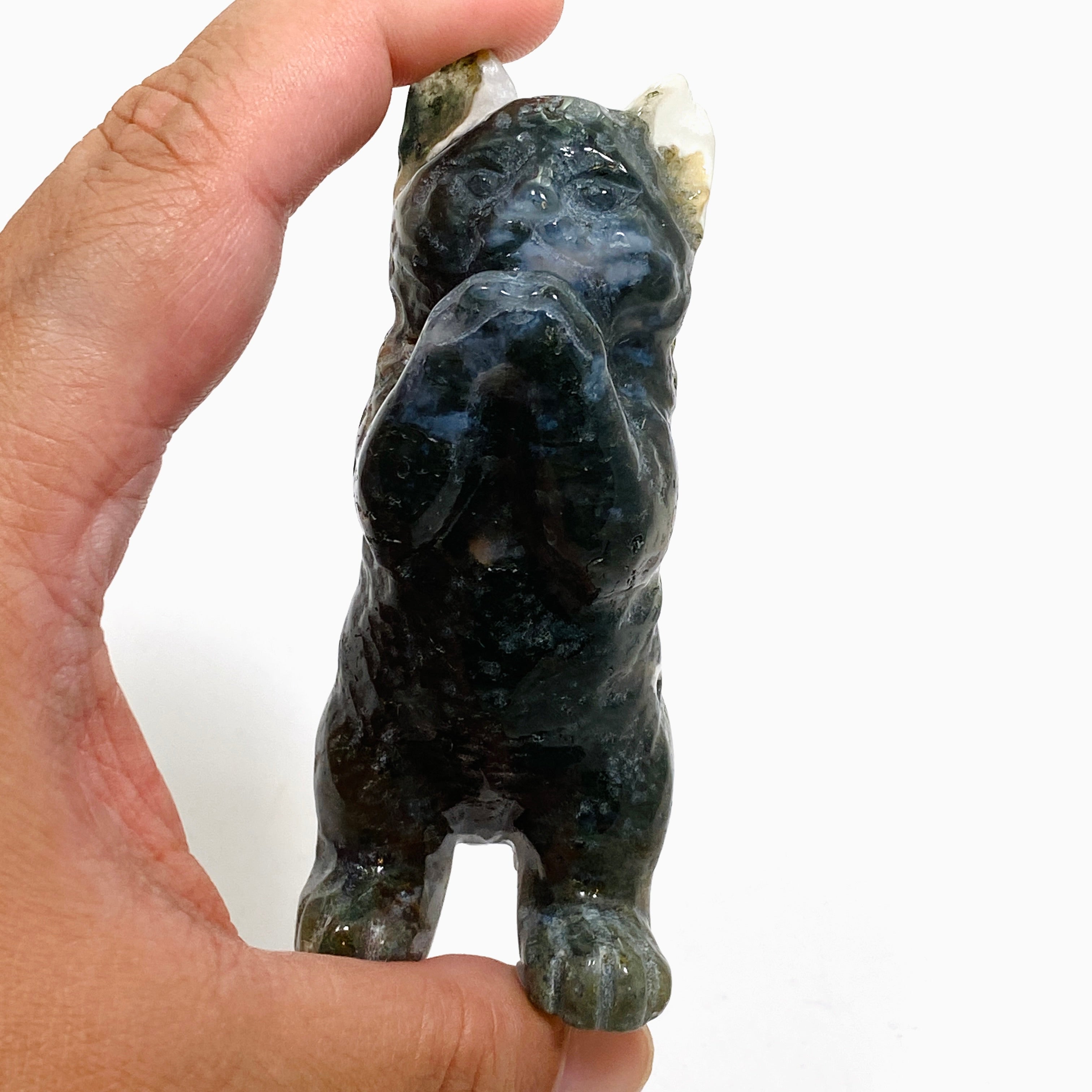 Handcrafted Moss Agate Cat Carving MAC 03 - Unique Gemstone Home Decor for Cat Lovers | Perfect for Bookshelf Display, Feng Shui Decor & Gift Giving