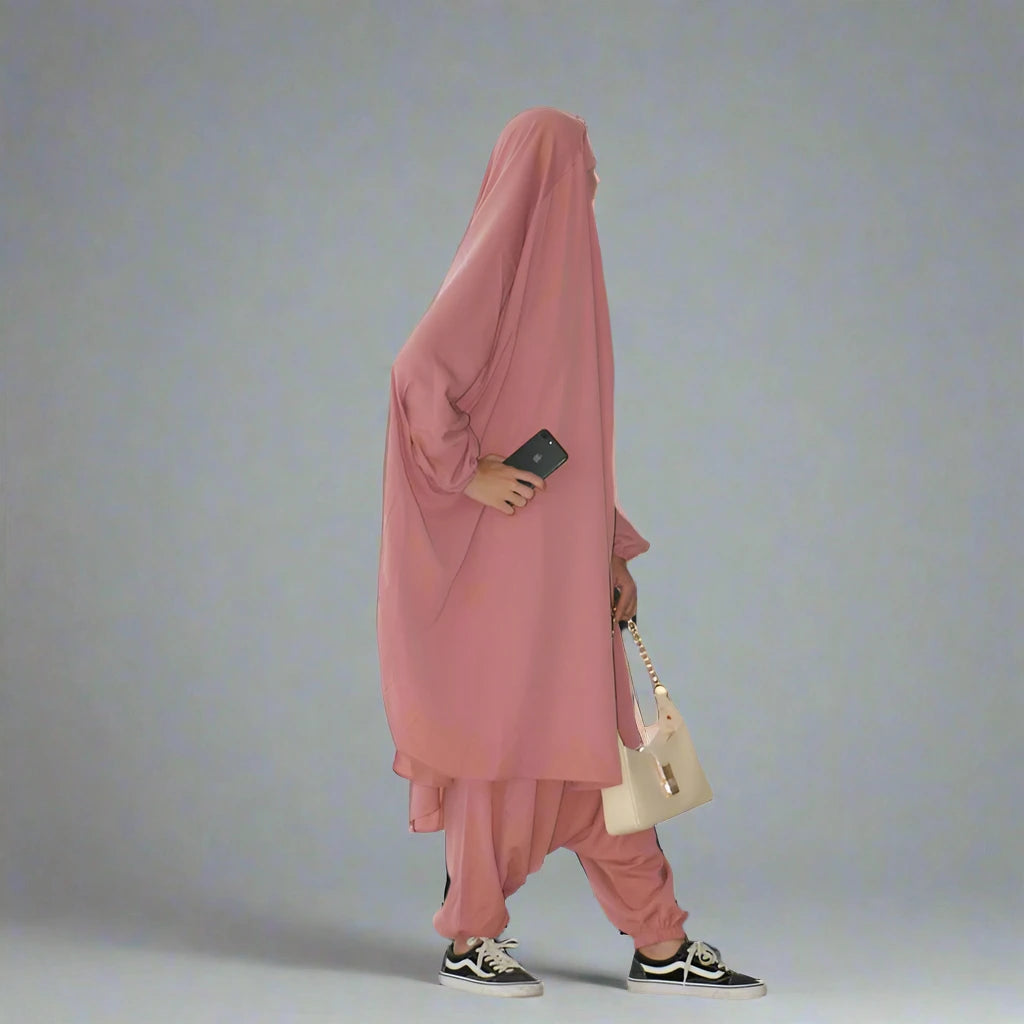 Modest Muslim Women's Jilbab Set with Matching Tops, Robe & Pants - Islamic Prayer Outfit for Home & Mosque Wear