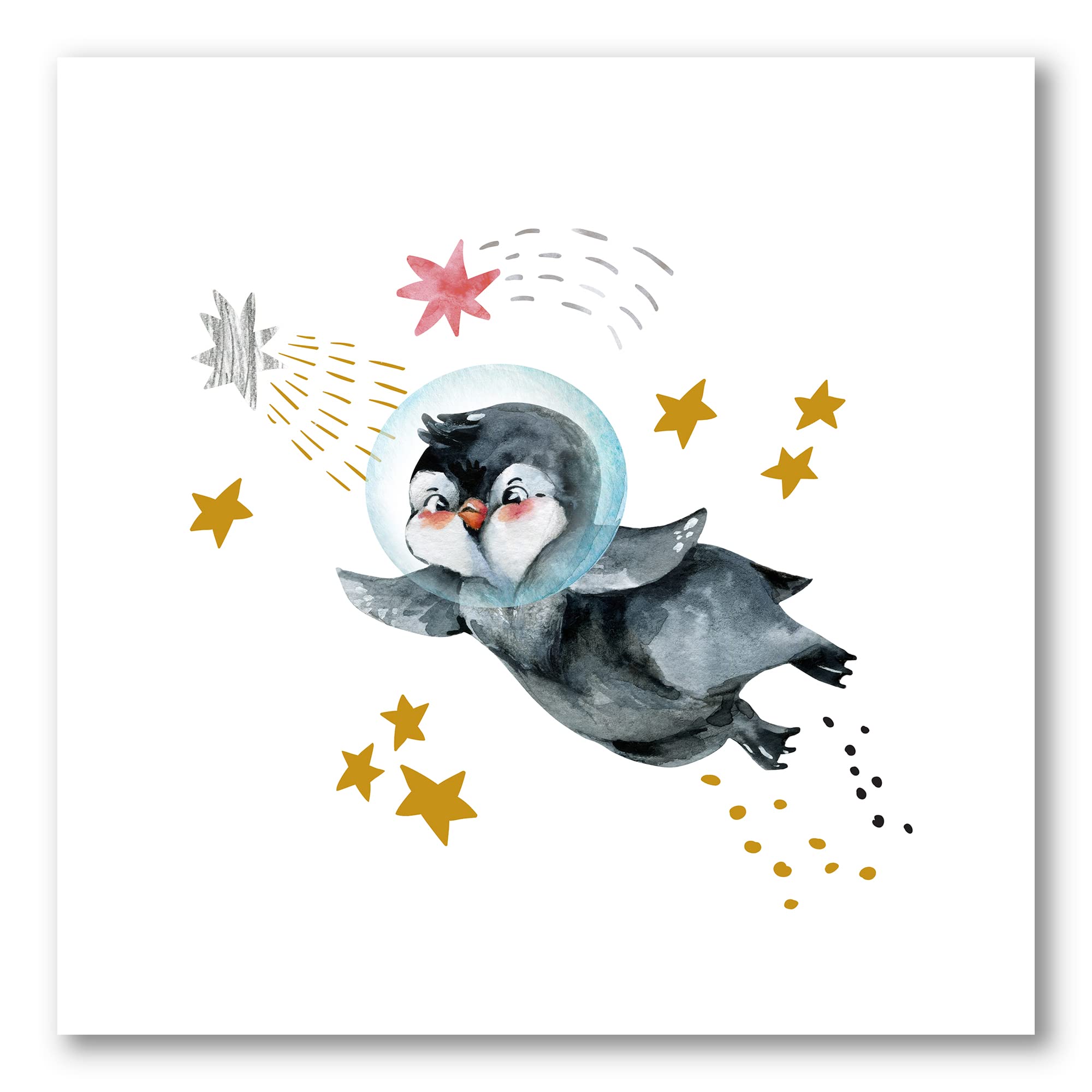DesignQ Little Penguin Flying Stars and Planets Farmhouse Canvas Wall Art - Nursery Decor, Kids Room Wall Hanging, Living Room Decoration