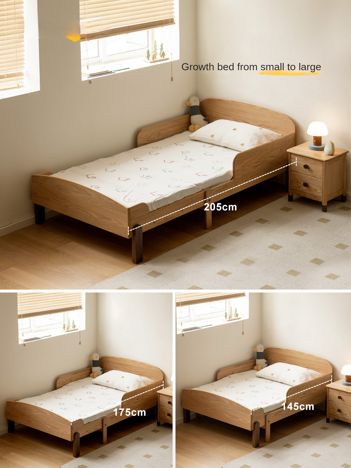 Expandable Solid Oak & Beech Wood Toddler Bed – Adjustable from 57in (145cm) to 80.7in (205cm) – Perfect for Growing Kids & Small Bedrooms