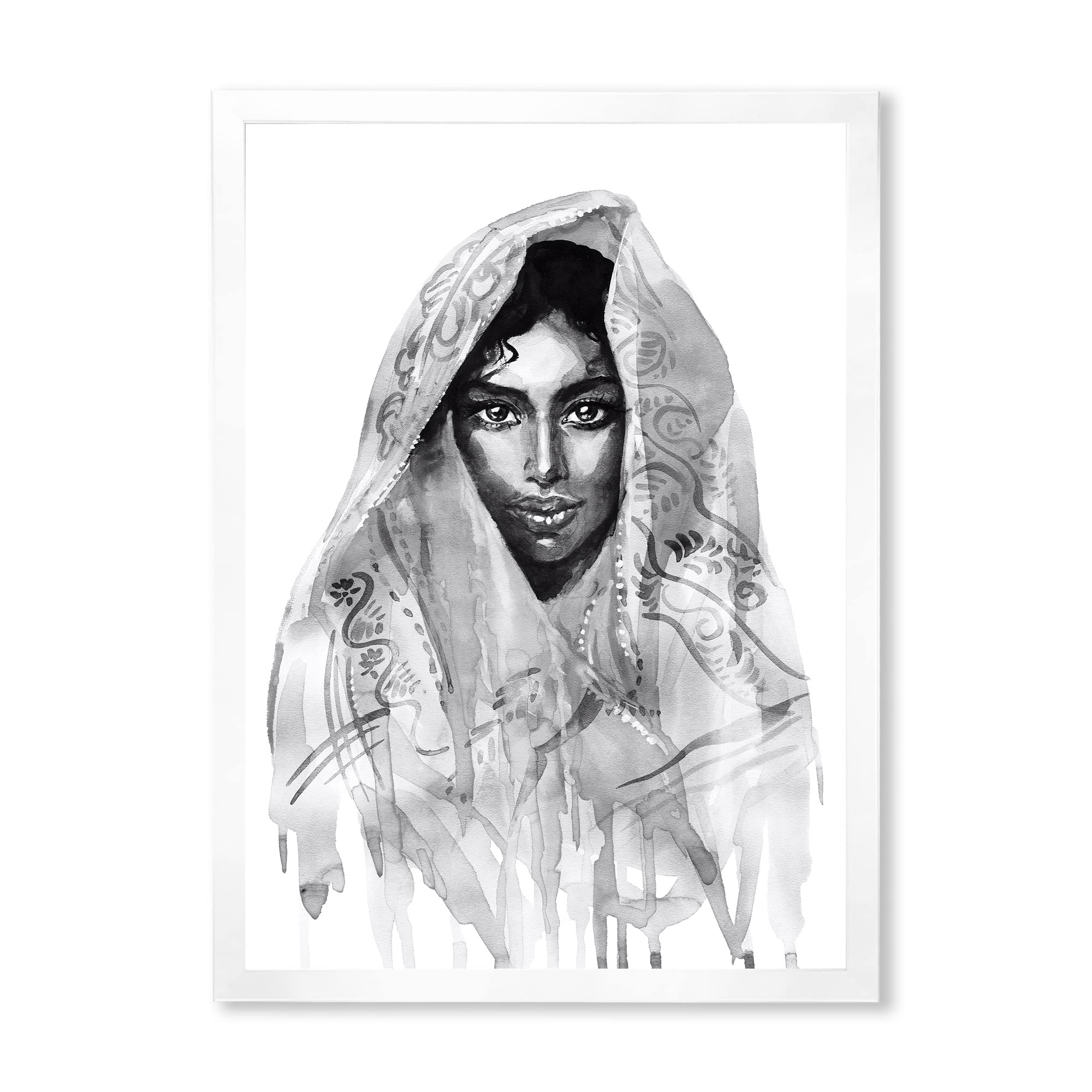 DesignQ Monochrome Portrait of Young Indian Woman - Modern Framed Wall Art Decor for Living Room, Bedroom & Office | Elegant Home & Office Decorations