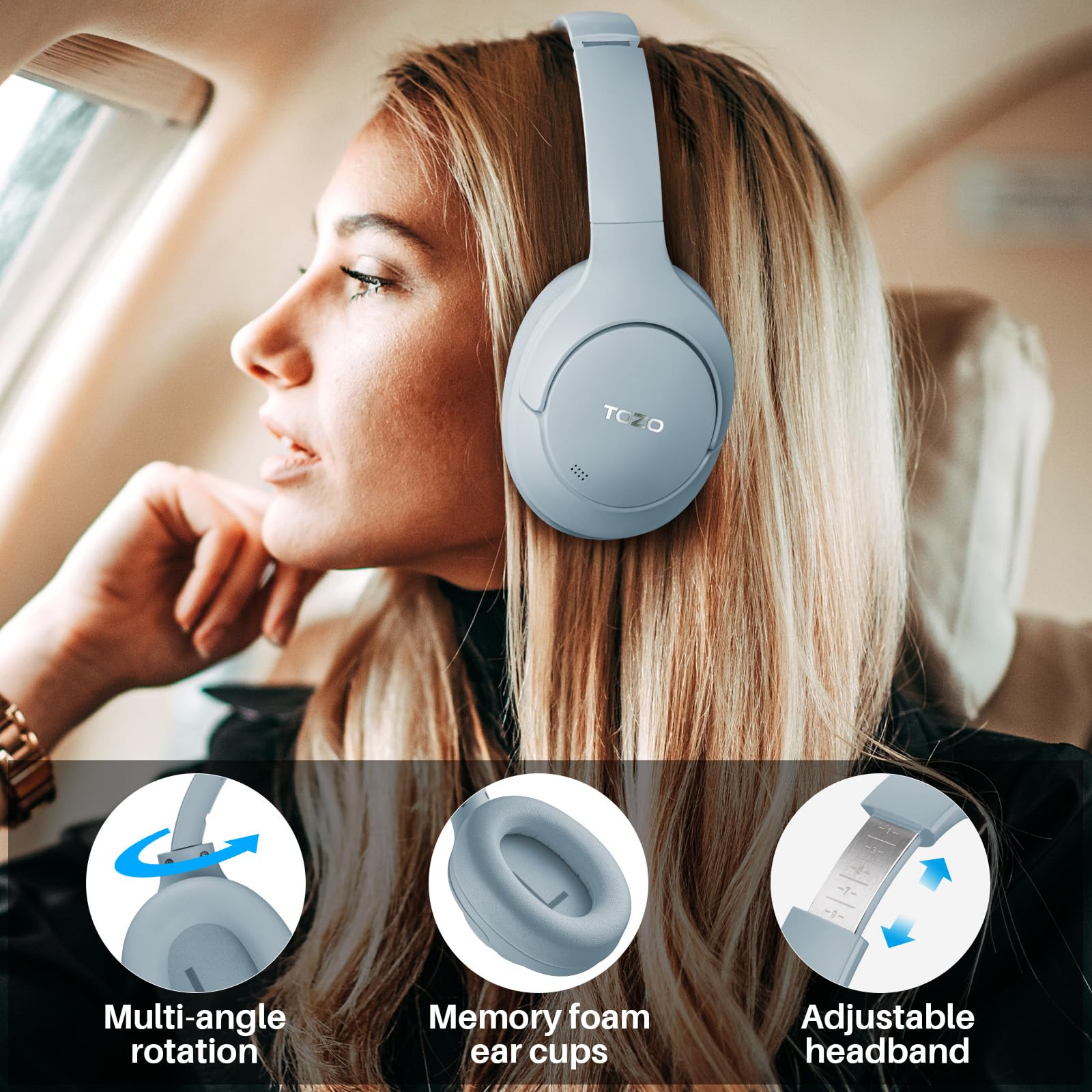 TOZO HT2 Hybrid Active Noise Cancelling Wireless Headphones - 60H Playtime, Hi-Res Audio, Deep Bass, Foldable & Lightweight Over-Ear Bluetooth Headphones for Workout, Travel & Office Use