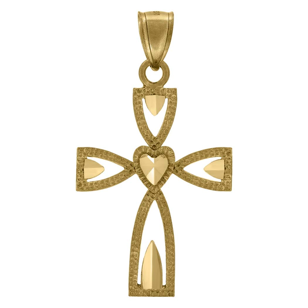 10K Yellow Gold Cross Love Heart Religious Charm Pendant Necklace for Women & Men - 37.5x21.10mm Wide Unisex Jewelry Gift - Perfect for Weddings, Anniversaries & Religious Occasions