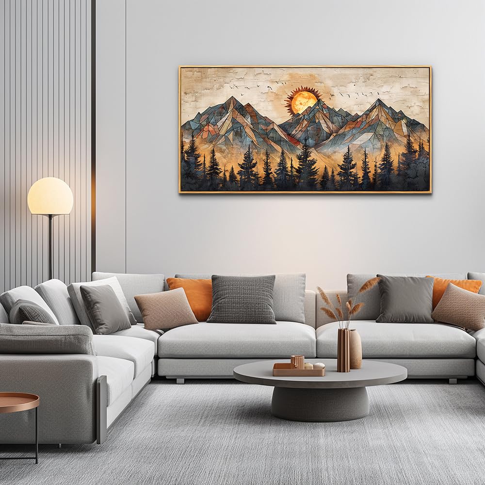 Modern Abstract Boho Wall Art - Wood Framed Canvas Painting 20x40 Inch, Mountain Landscape Wall Decor for Living Room, Bedroom & Office - Perfect for Home Decor, Housewarming Gifts & Interior Design