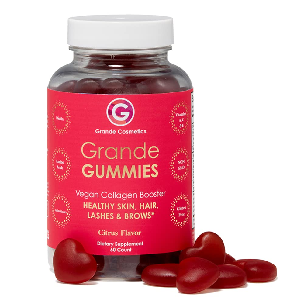 Grande Cosmetics Vegan Collagen Hair Vitamin Gummies for Women - Biotin, Folic Acid & Vitamin C Enriched for Healthy Hair, Skin, Lashes & Brows - 1 Month Supply (60 Citrus Flavor Tablets) - Perfect for Daily Beauty Routine & On-the-Go Nutrition