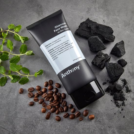Anthony Charcoal Face Wash for Men - 6 Fl Oz Detoxifying & Energizing Cleanser with Coffea Arabica, Taurine & Marine Extracts - Sulfate & Paraben-Free Skincare - Perfect for Daily Use & Post-Workout Refreshment