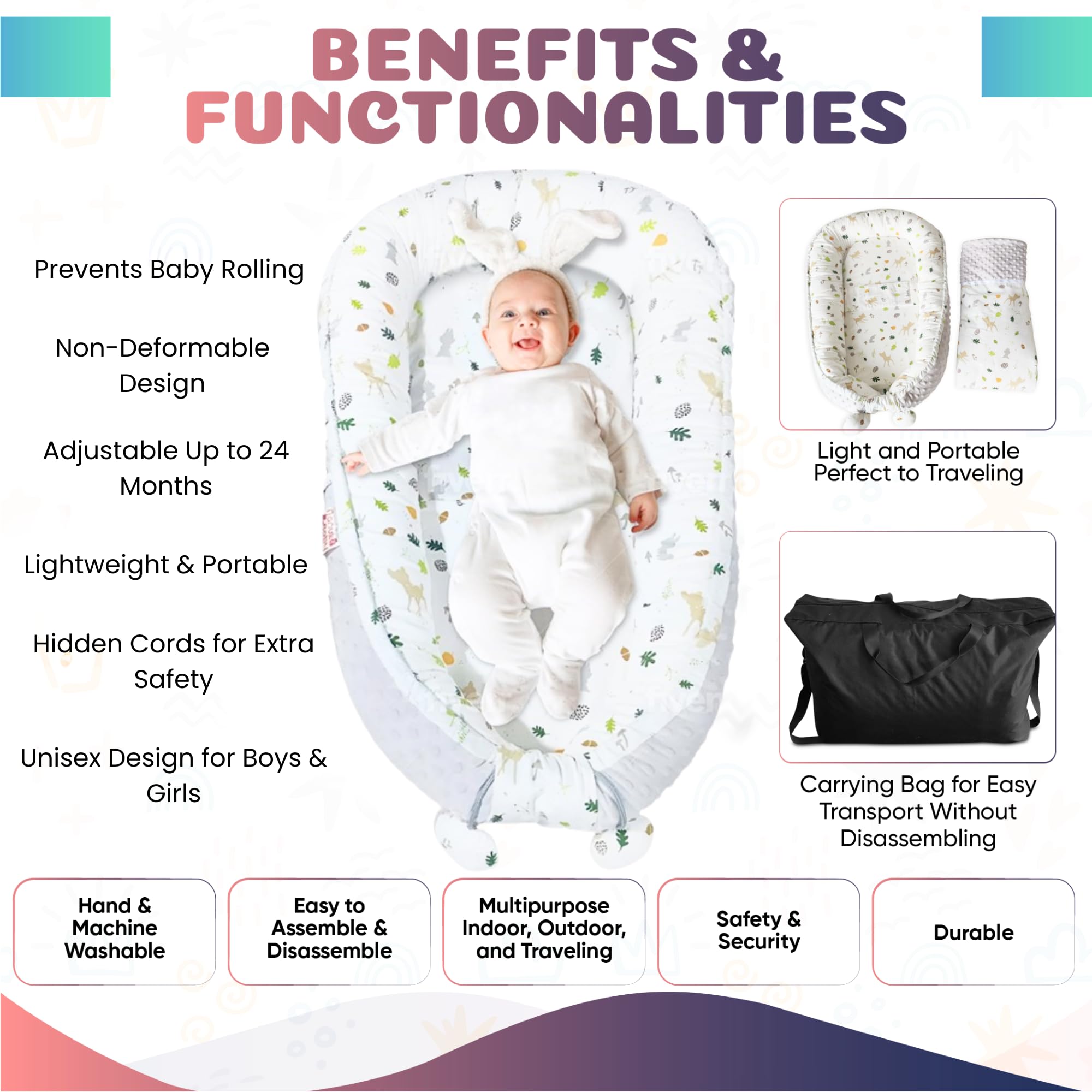 **Portable Baby Lounger Pillow for Newborns 0-24 Months - Anti-Roll Design, Co-Sleeping Infant Nest for Safe & Comfortable Napping, Travel & Home Use**