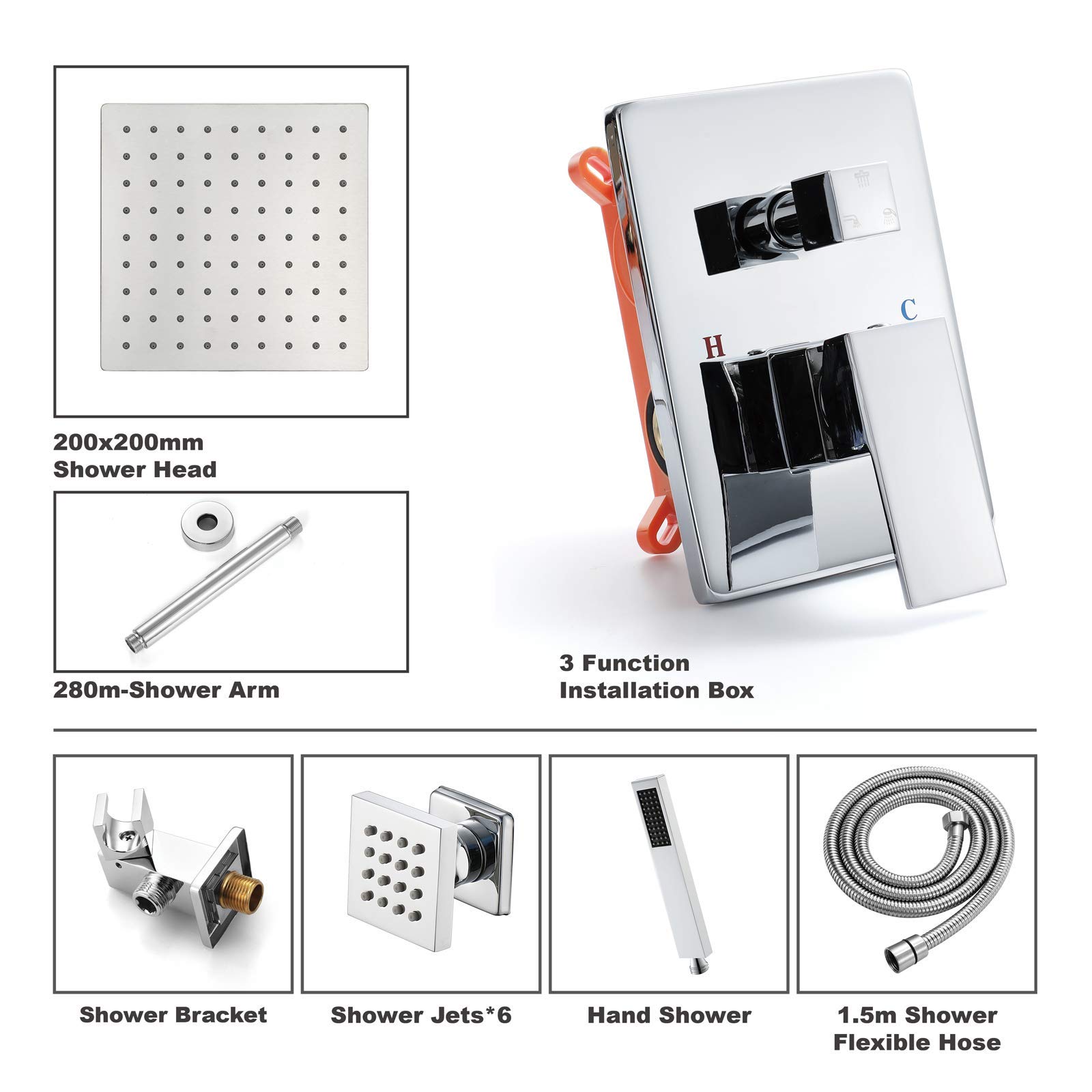 Chrome Rain Mixer Shower Combo Set - Ceiling Mounted Bathroom Shower Faucet with 8 Inch Square Rain Shower Head, Handheld Shower & Body Jets - Perfect for Modern Luxury Bathrooms & Spa-Like Experience