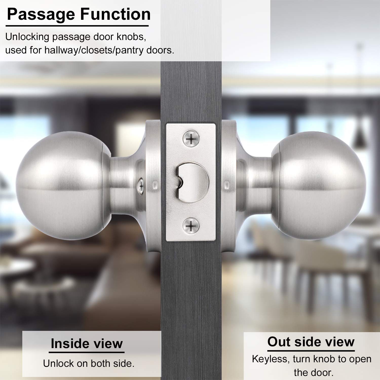 10 Pack Satin Nickel Round Ball Door Knobs - Classic Passage Hallway & Closet Door Handles, Non-Locking - Perfect for Bedrooms, Bathrooms & Interior Doors