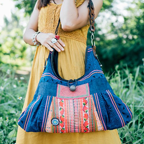 Vintage Hmong Embroidered Tote Bag for Women - Fair Trade Hill Tribe Batik Handbag with Bell Decor & Leather Strap | Boho Chic Shoulder Bag for Travel, Shopping & Everyday Use