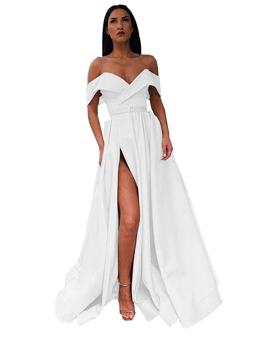 Emanni Women's Off-Shoulder Long Satin Prom Dress with Side Slit - A-Line Formal Evening Gown for Homecoming, Wedding Guest, Cocktail Party (White)