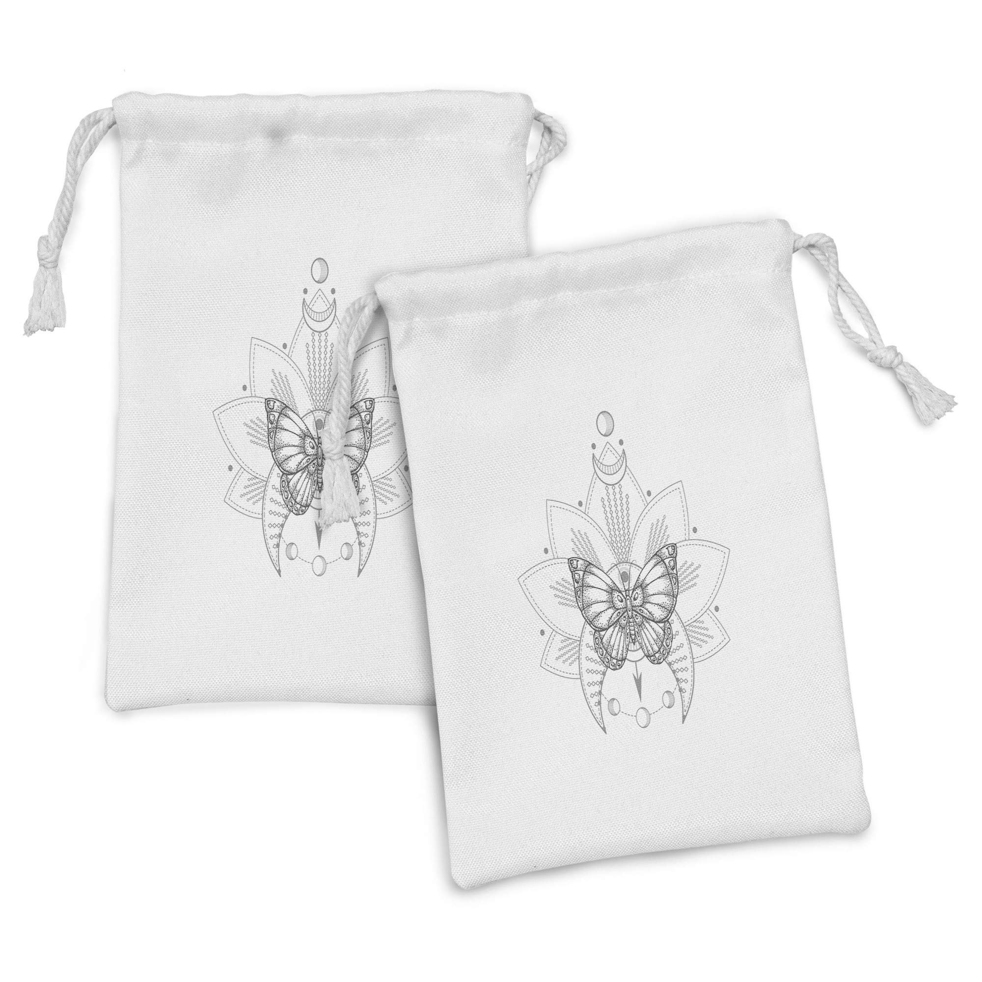 Ambesonne 2-Pack Half Moon Fabric Pouches - Butterfly & Floral Dreamcatcher Design, Small Drawstring Bags for Toiletries, Masks, Jewelry & Party Favors (9