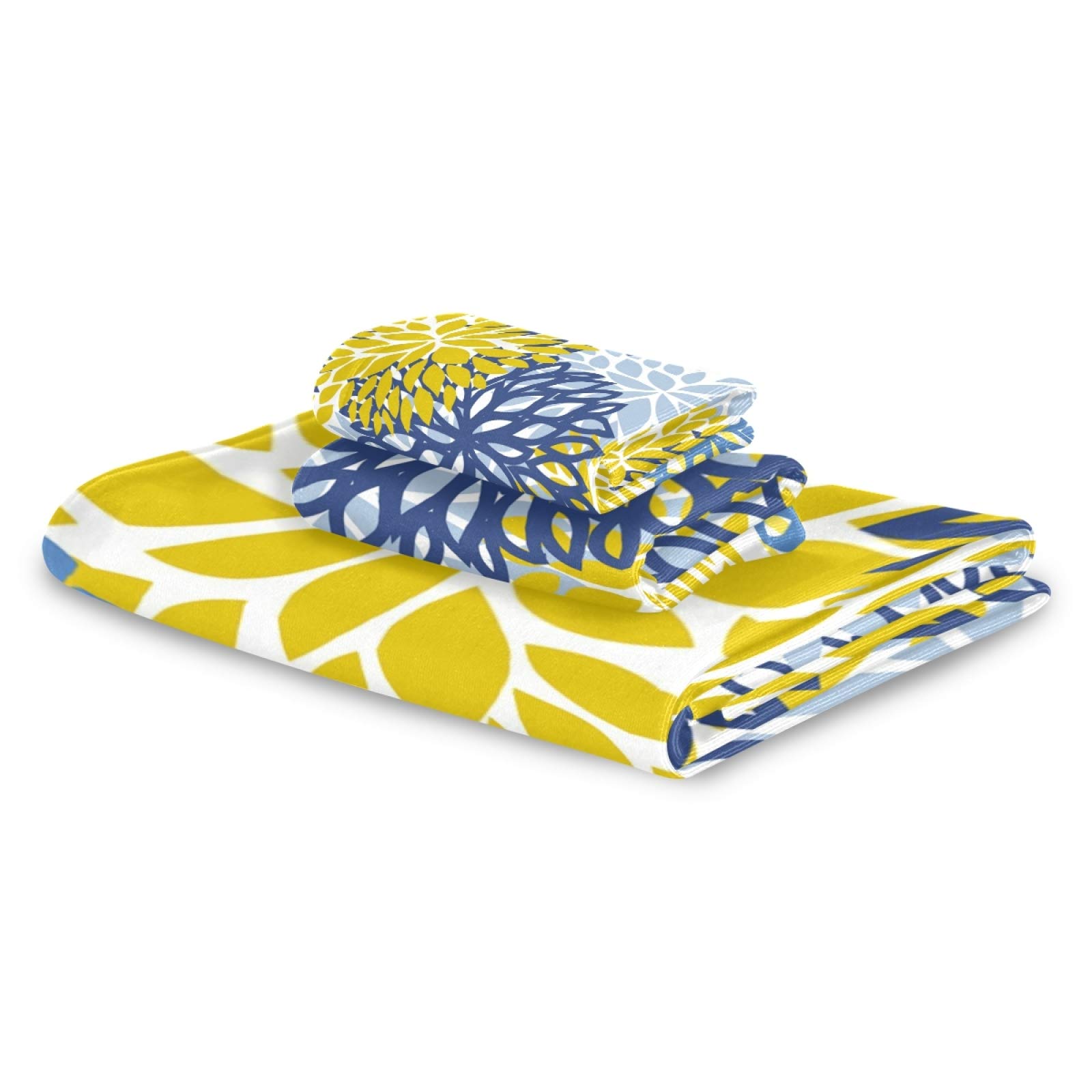 Premium Blue Yellow Navy Chrysanthemum Flower Bath Towel Set - 1 Bath Towel, 1 Hand Towel, 1 Washcloth - Soft Absorbent Cotton Towels for Bathroom, Kitchen & Spa Decor - Perfect for Home, Hotel & Gift Giving