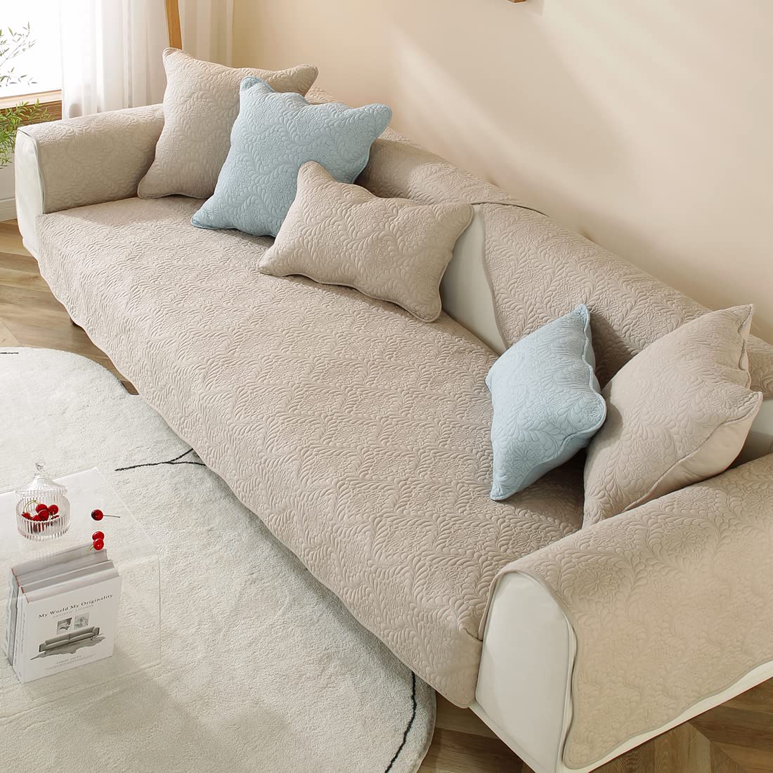 Vctops Embroidered Cotton Quilted Sofa Cover - Farmhouse Style Non-Slip Furniture Protector for Sectional Couches (36