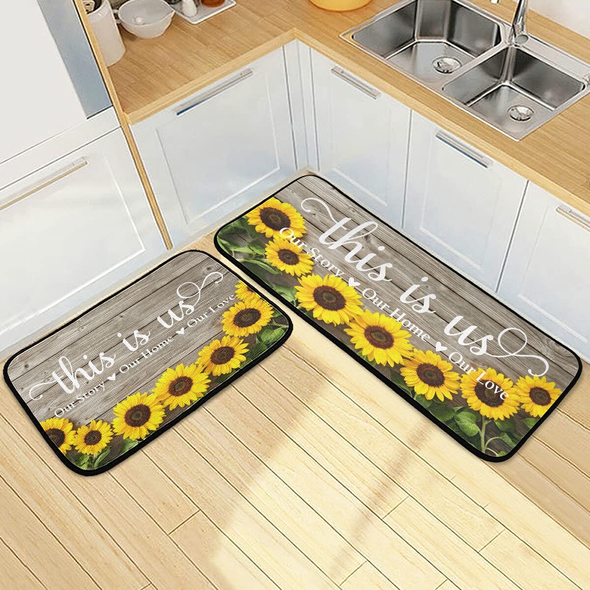 Sunflowers Non-Slip Washable Kitchen Rugs and Mats Set of 2 - Decorative Runner for Home, Kitchen, Laundry, and Bathroom Floors