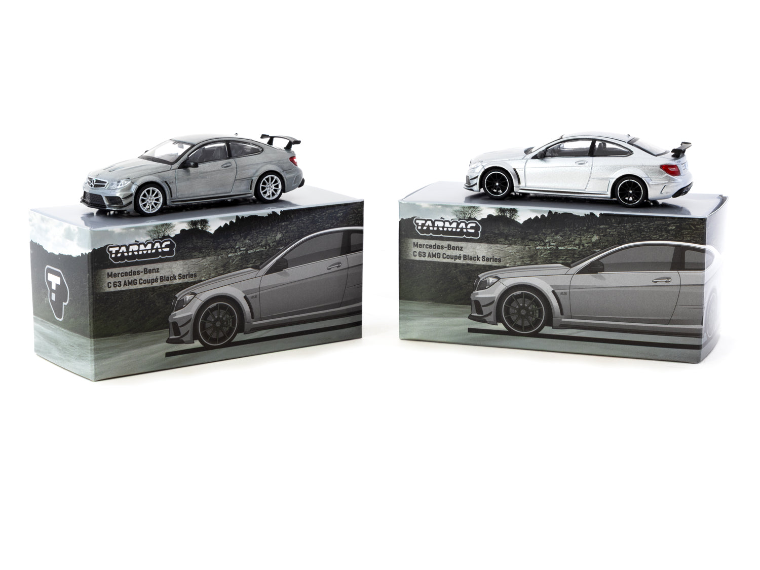 Tarmac Works 1/64 Scale Mercedes Benz C63 AMG Coupe Black Series Diecast Model Car - Silver Metallic Finish | Collectible Miniature Vehicle for Display & Racing Scenes | Perfect for Diecast Collectors & Car Enthusiasts
