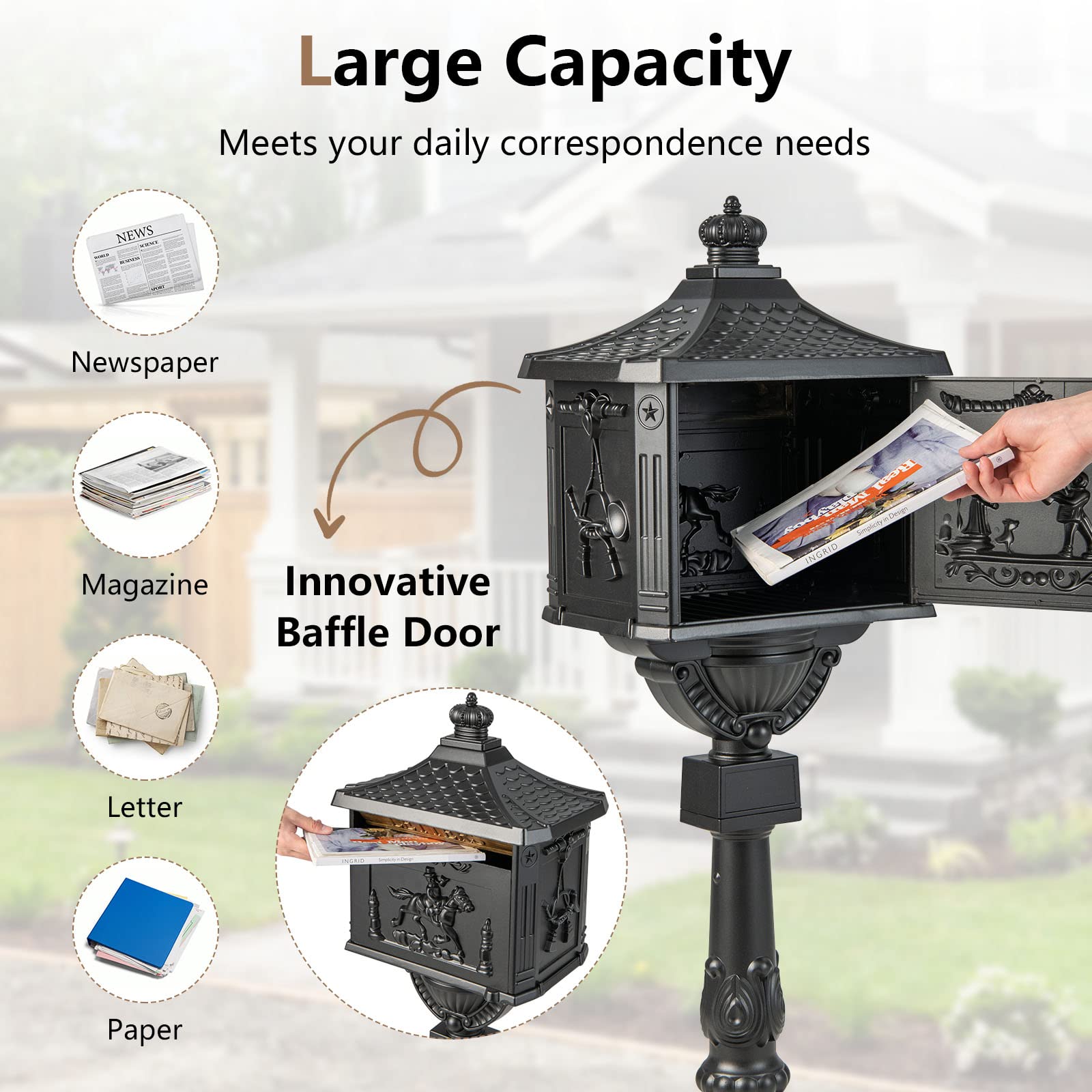 Giantex Black Cast Aluminum Mailbox - Secure Outdoor Mailbox with Lock & Keys for Home Security