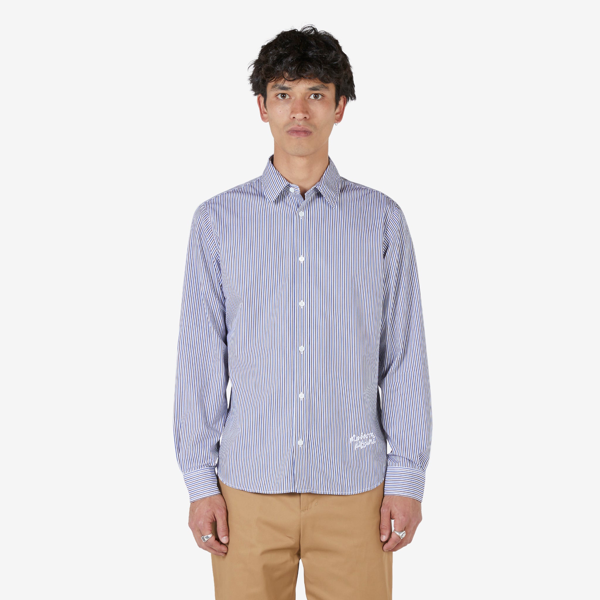 Classic Cotton Shirt with Logo Handwriting in Brown & Blue Stripes | Comfortable Casual Wear for Office & Everyday Outfits