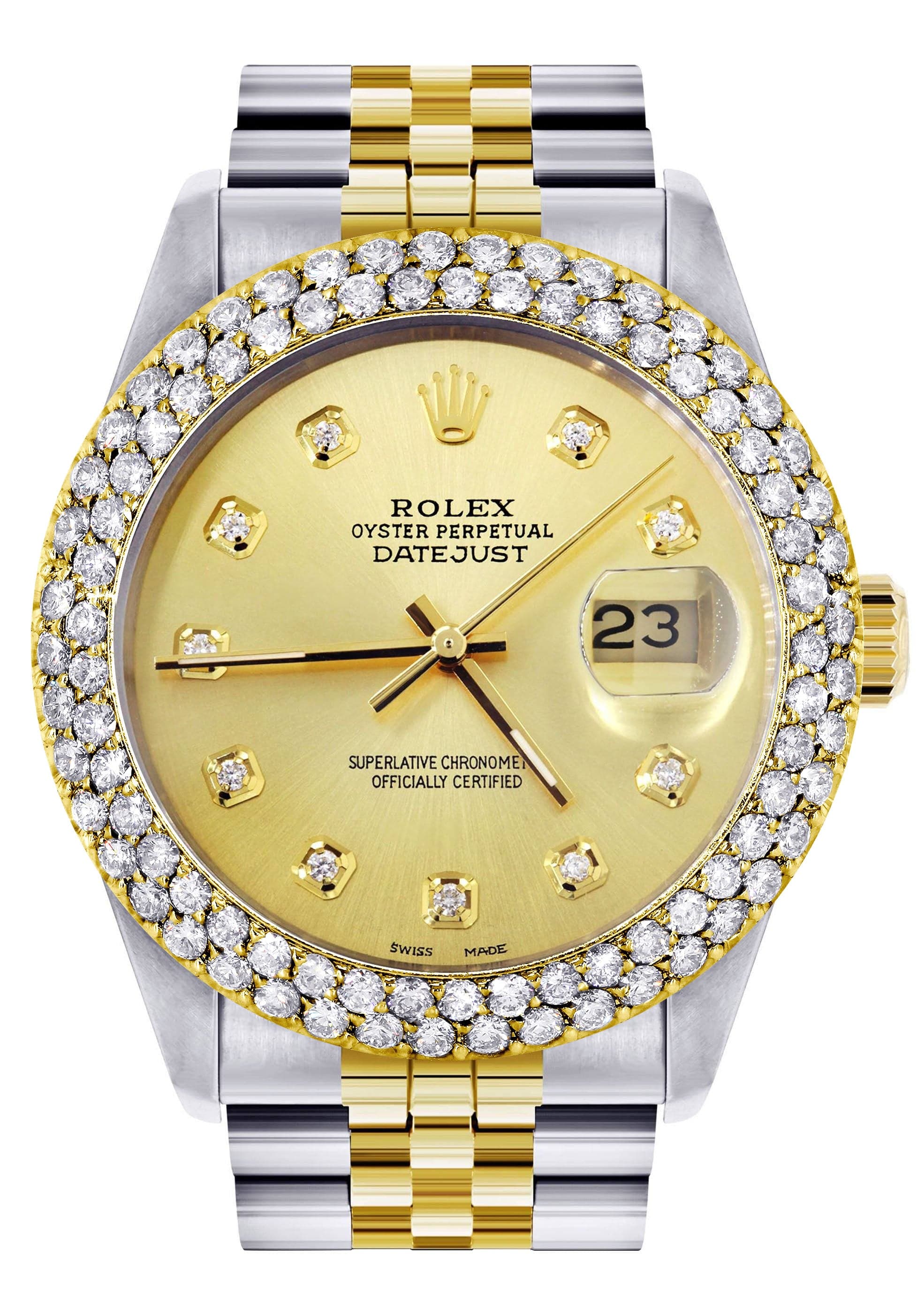 Luxury Diamond Gold Rolex Watch For Men 16233 | 36mm Custom Gold Dial | 4.25 Carat Two Row Bezel | Jubilee Band | Perfect for Gifts, Weddings & Special Occasions