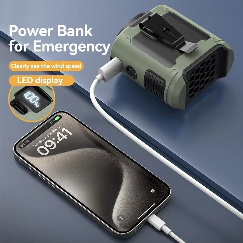 10000mAh Portable Waist Fan with Power Bank - Rechargeable Hanging Neck Fan, Strong Wind Cooling Fan with LED Light for Outdoor Sports, Hiking, Camping & Emergency Use (Green)