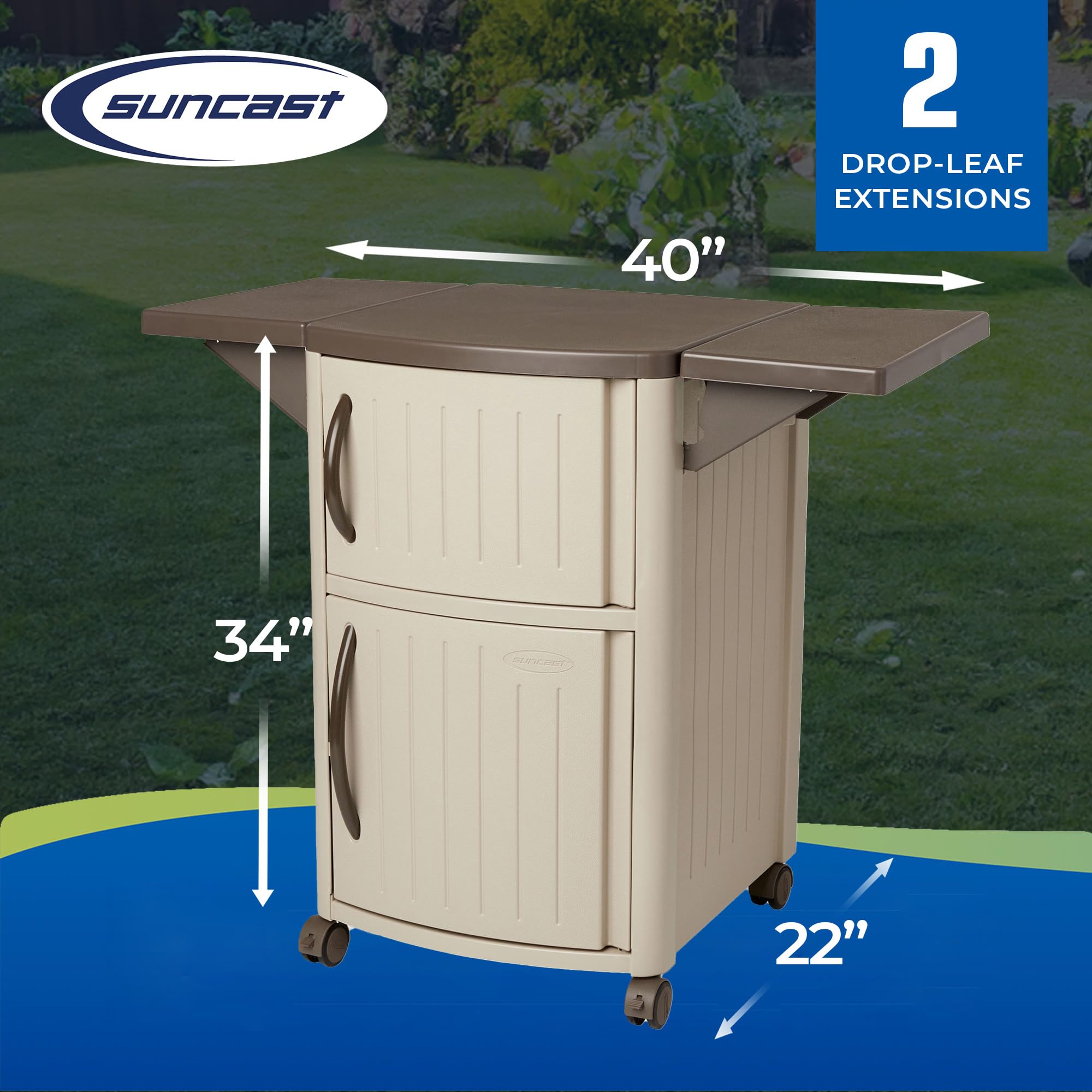 Suncast Outdoor Patio Grill Prep Station Cart with 2 Storage Cabinets - Light Taupe/Mocha - Perfect for Backyard BBQs, Outdoor Cooking & Patio Organization