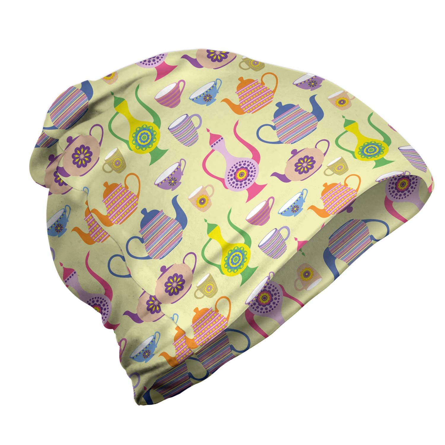 Ambesonne Unisex Beanie - Colorful Teapot & Cup Design - Warm Winter Hat for Men & Women - Perfect for Hiking, Outdoor Activities & Cold Weather Fashion