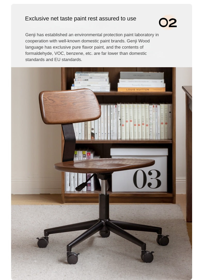 Modern Oak Solid Wood Lift & Swivel Office Chair - Ergonomic Rotatable Computer Desk Chair for Home & Office Workspace