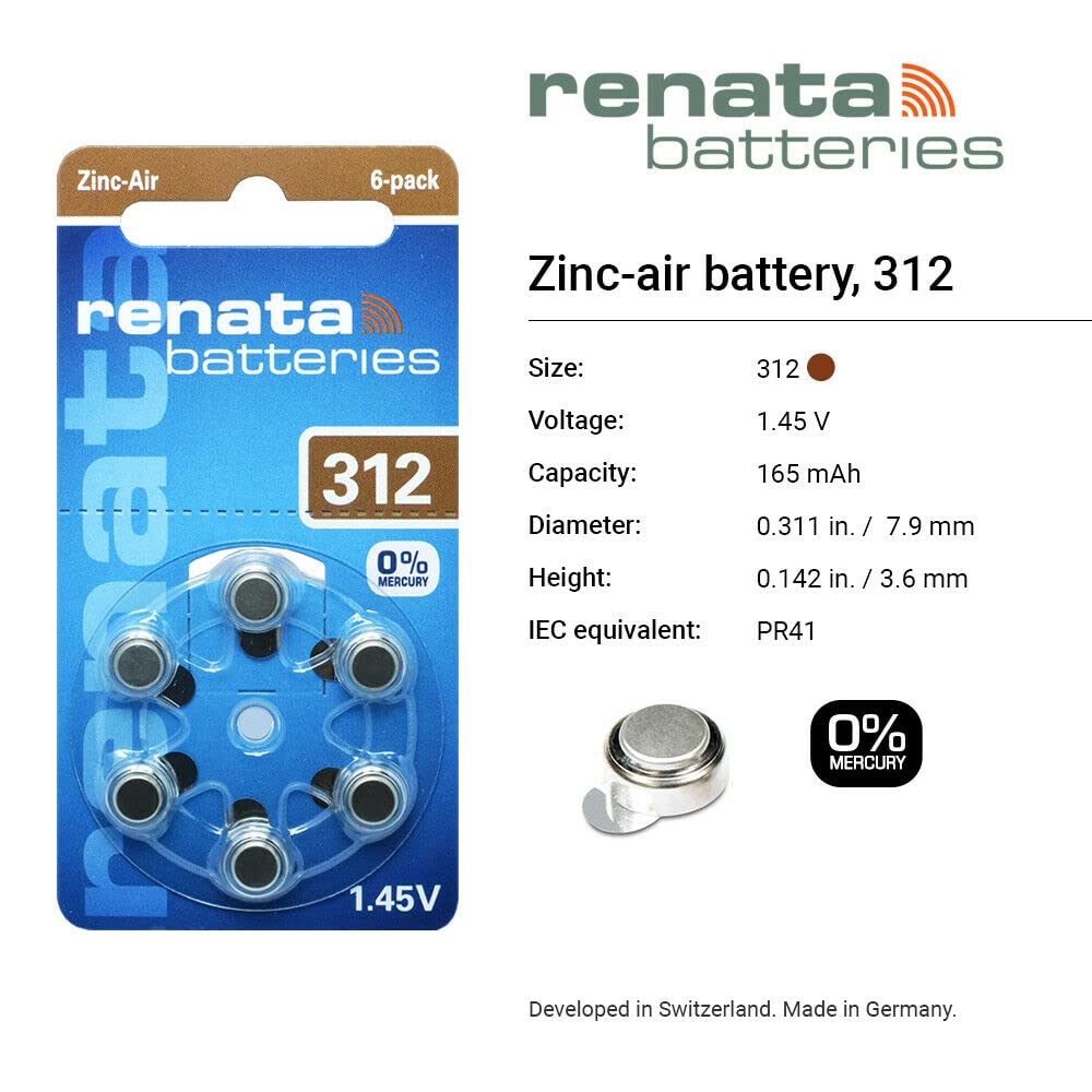 Renata 312 Zinc Air 1.45V Hearing Aid Batteries (6-Pack) - Swiss-Designed Long-Lasting Power for Hearing Devices | Perfect for Daily Use, Travel & Emergency Backup