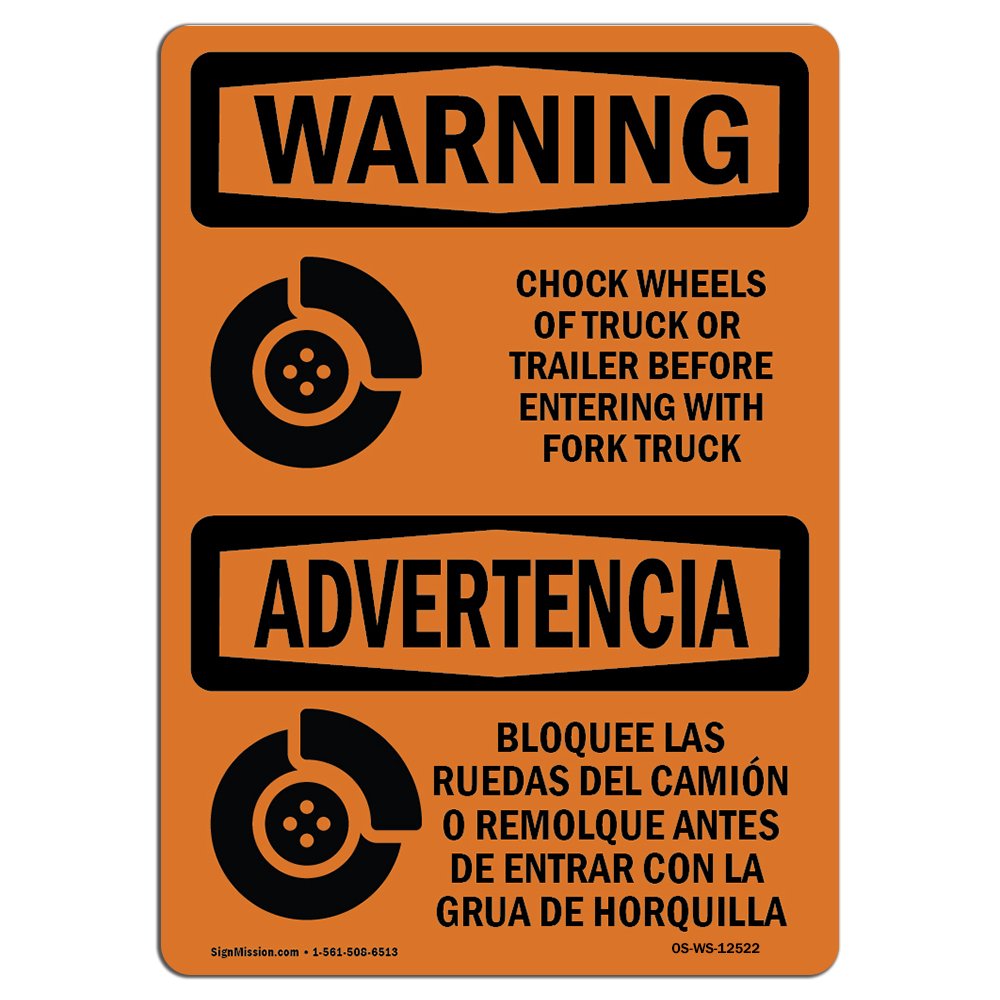 OSHA Warning Sign - Bilingual 'Chock Wheels of Truck or Trailer' Aluminum Safety Sign | Durable Business, Warehouse & Worksite Protection | Made in USA | Perfect for Loading Docks, Construction Sites & Industrial Areas