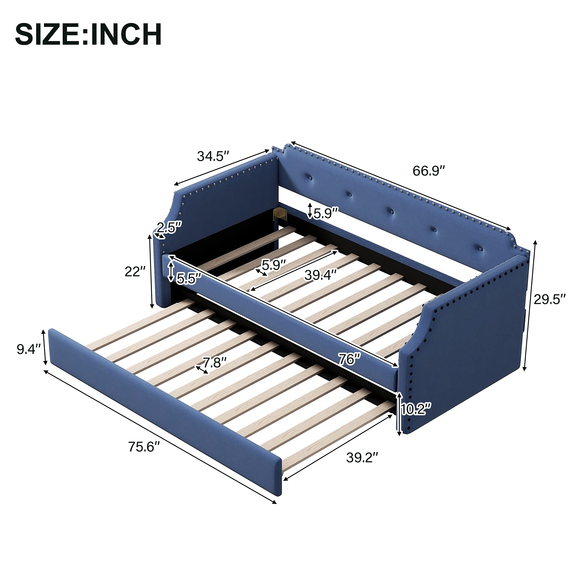 Twin Bed with Trundle - Upholstered Wood Daybed Twin Size, No Box Spring Needed (Blue) | Perfect for Guest Rooms, Kids' Rooms & Small Spaces