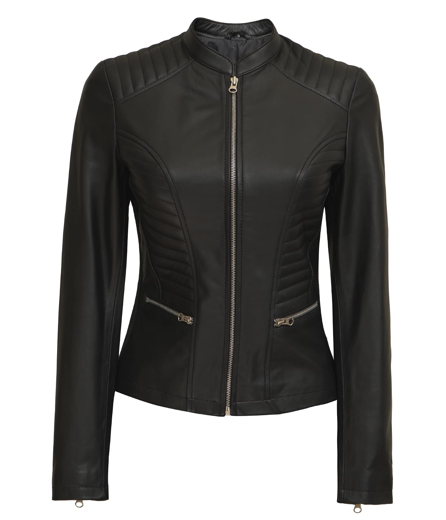 Genuine Leather Cafe Racer Jacket for Women - Natural Grain Stand Collar Motorcycle Jacket | Stylish Biker Outerwear for Riding & Casual Wear