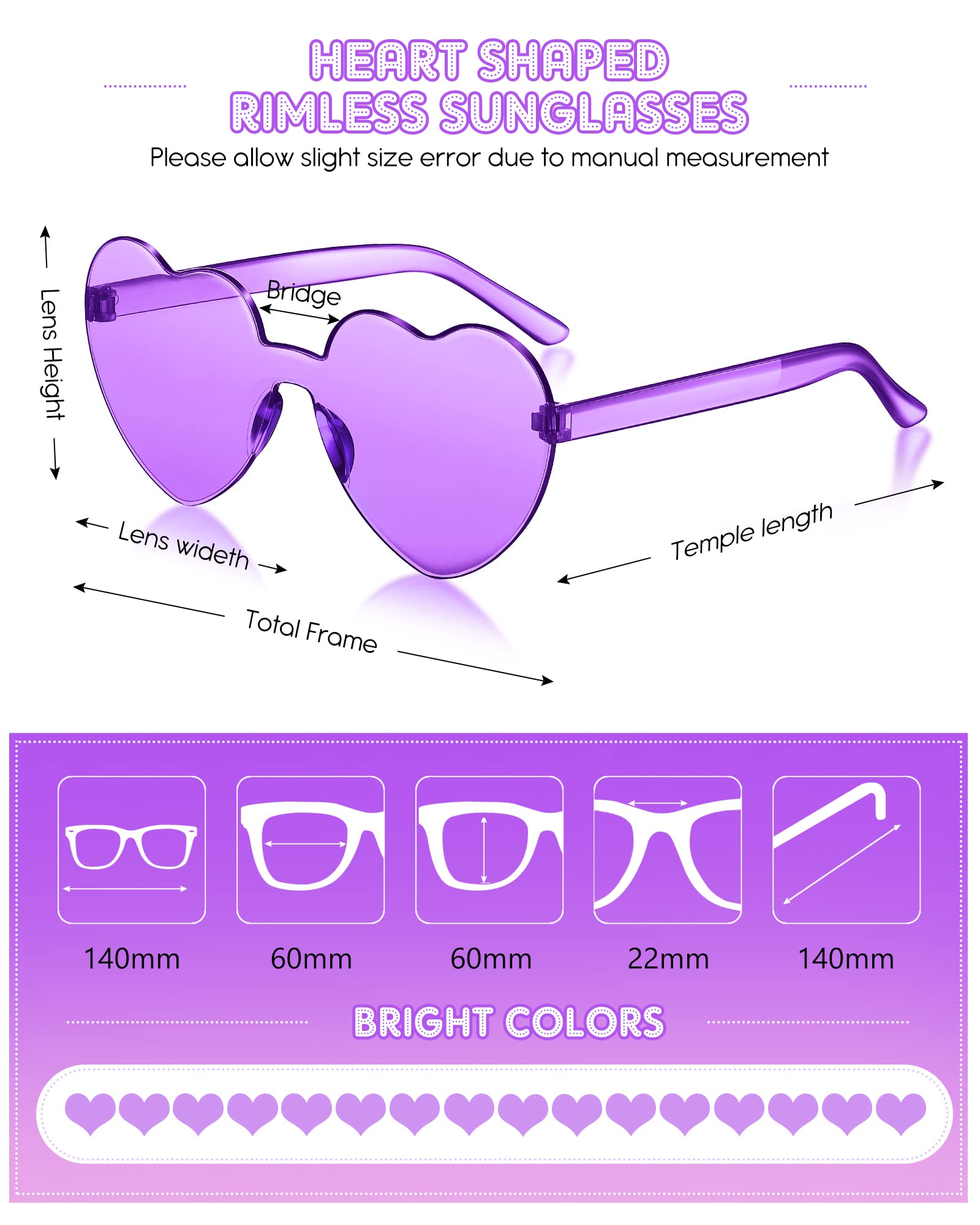 Colzzy 16-Pack Heart-Shaped Sunglasses - Bulk Purple Party Sunglasses for Women, Witch Birthday Accessories & Costume Eyewear - Perfect for Halloween, Bachelorette Parties & Themed Events