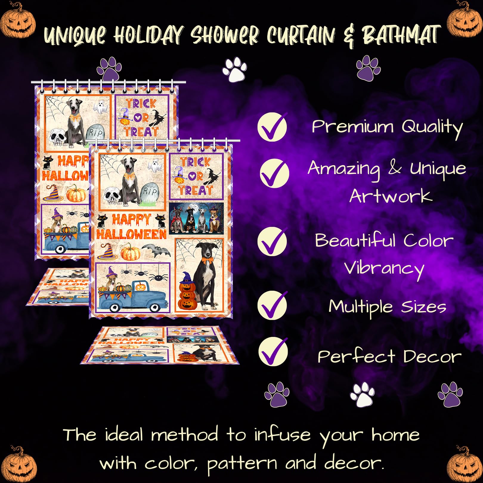 **Halloween Greyhound Dog Bath Mat & Shower Curtain Set - Non-Slip Bathroom Decor, Plush Rug & Polyester Bathtub Curtain with Hooks (Mat 16