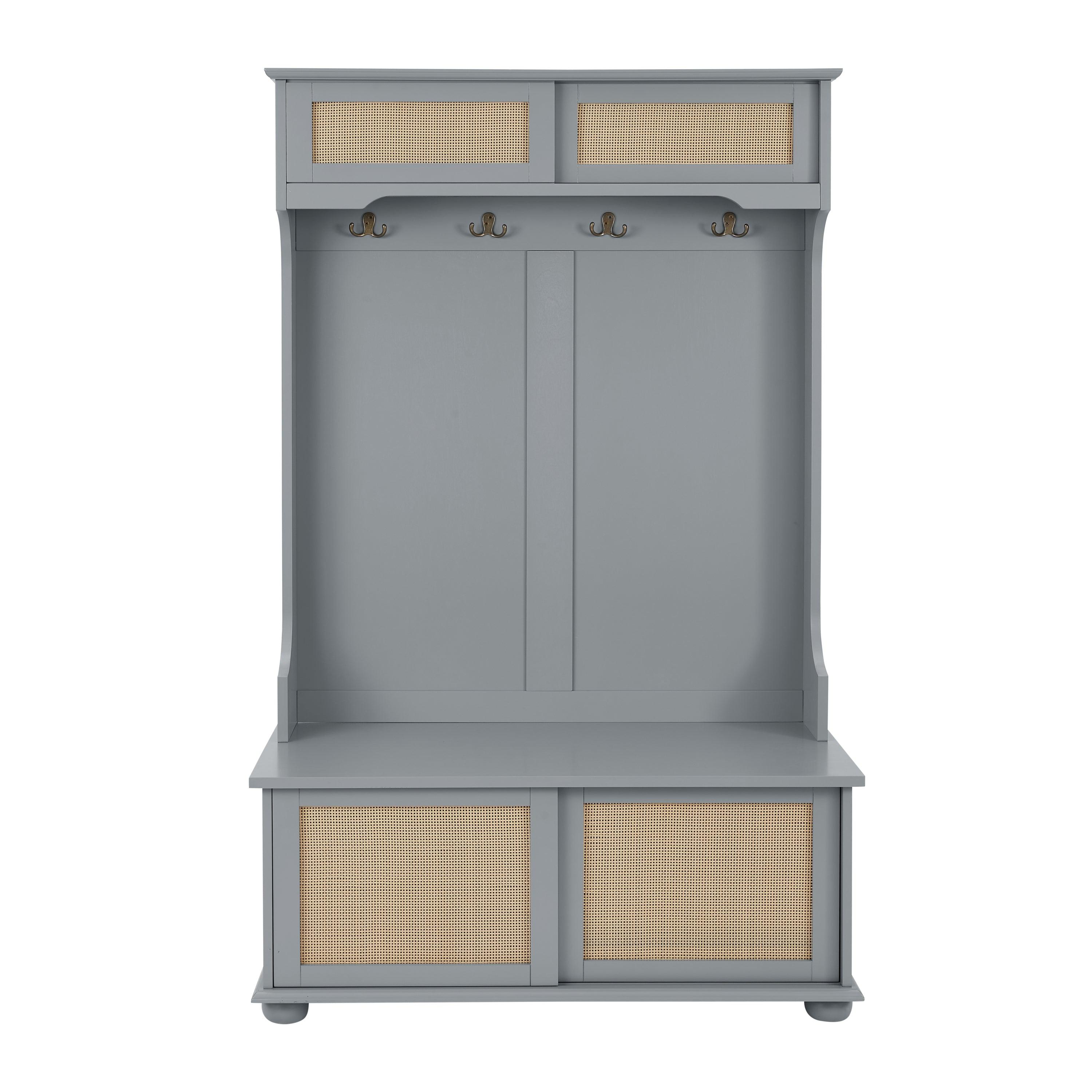 Stylish Gray Entryway Bench with Rattan Shelves & Shoe Storage - Solid Wood Hall Tree (40.16