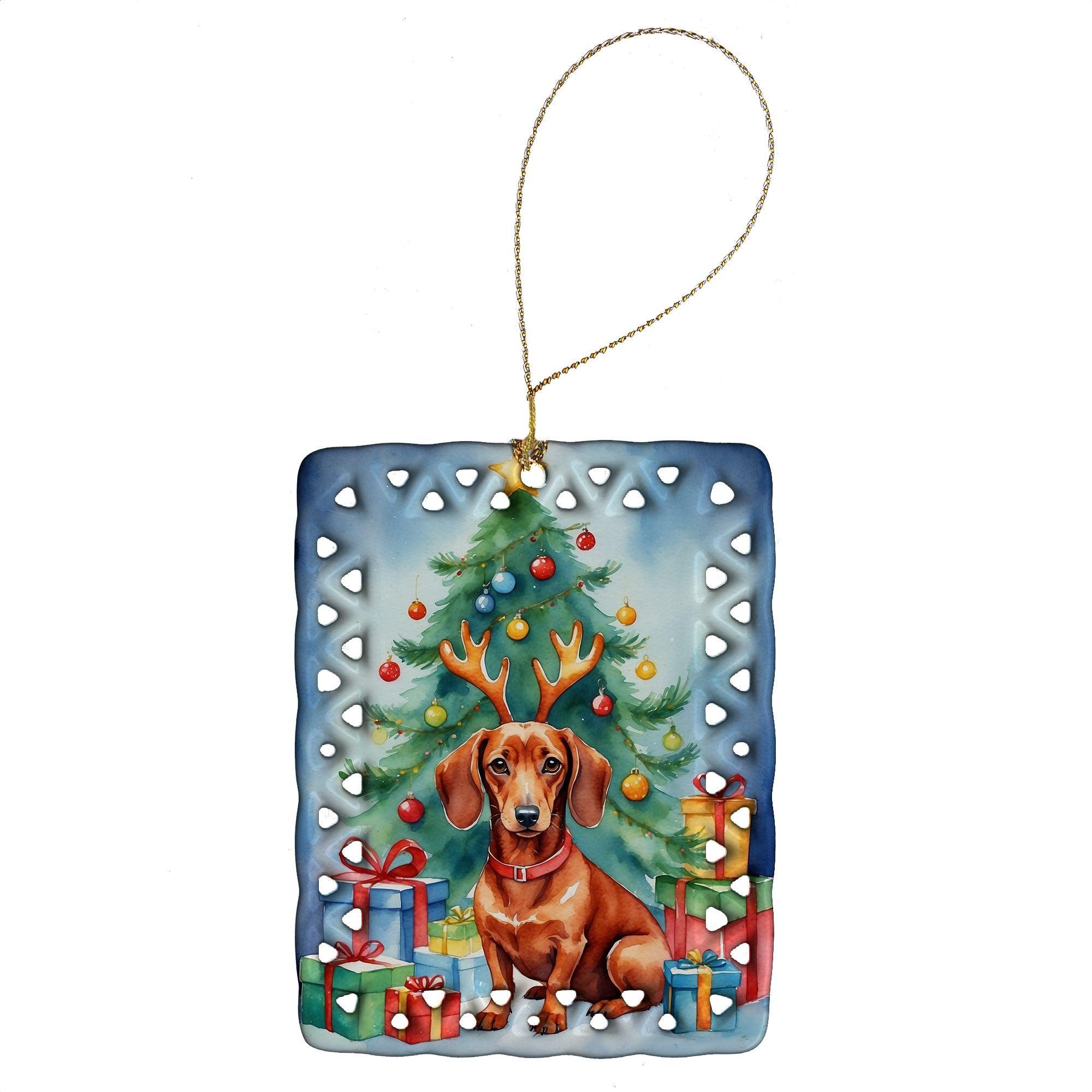Hand-Painted Dachshund Reindeer Porcelain Christmas Ornament - Rectangle Holiday Tree Hanging Decor for Home, Party & Gift Giving (Multicolor) | Perfect for Christmas Tree Decorations, Stocking Stuffers & Festive Home Décor