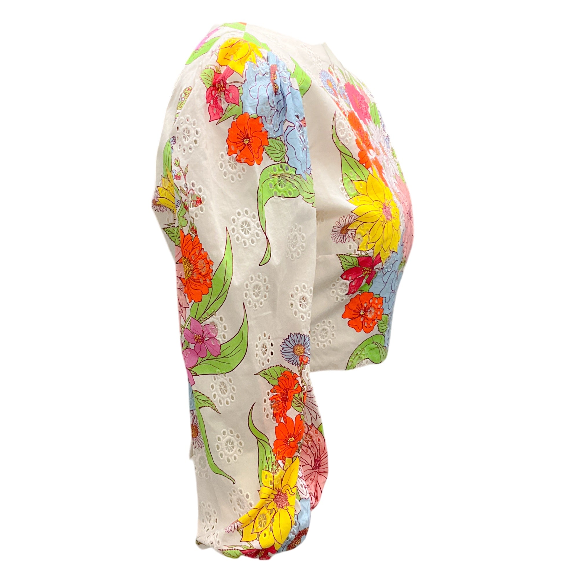 Borgo de Nor White Multi Calliope Floral Print Rhea Broderie Anglaise Crop Top - Women's Lace Summer Blouse for Beach, Party & Date Night Outfits