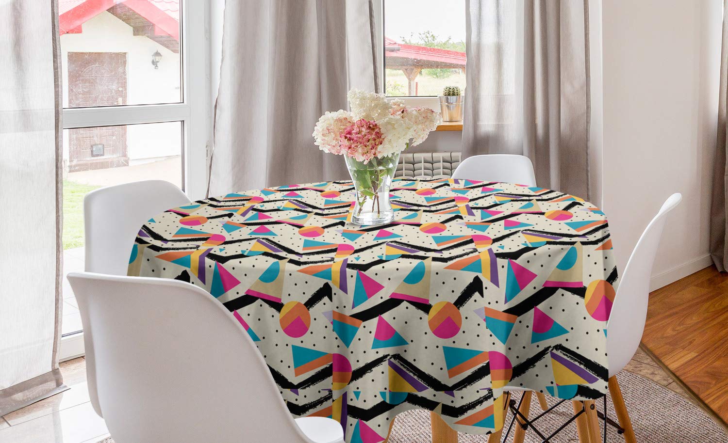 Vintage 80s Style Round Tablecloth - Geometric Memphis Pattern with Triangles & Circles - 60 Inch Colorful Dining Table Cover for Kitchen & Party Decor - Perfect for Retro Home Decor & Special Occasions