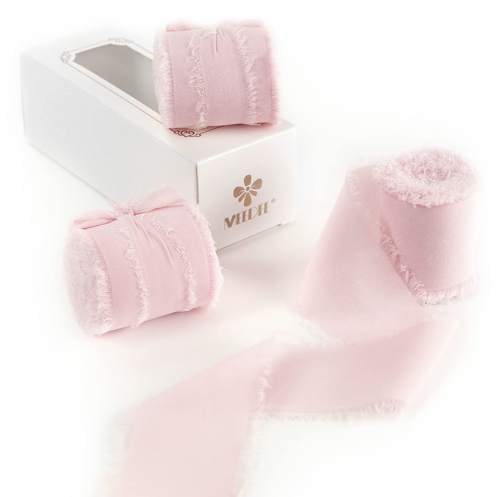 MEEDEE 2 Inch Pink Chiffon Ribbon with Frayed Fringe - Light Pink Silk Ribbon for Crafts, Gift Wrapping, Wedding Decor (3 Rolls 21 Yards) - Perfect for DIY Projects, Bridal Bouquets, and Invitation Embellishments