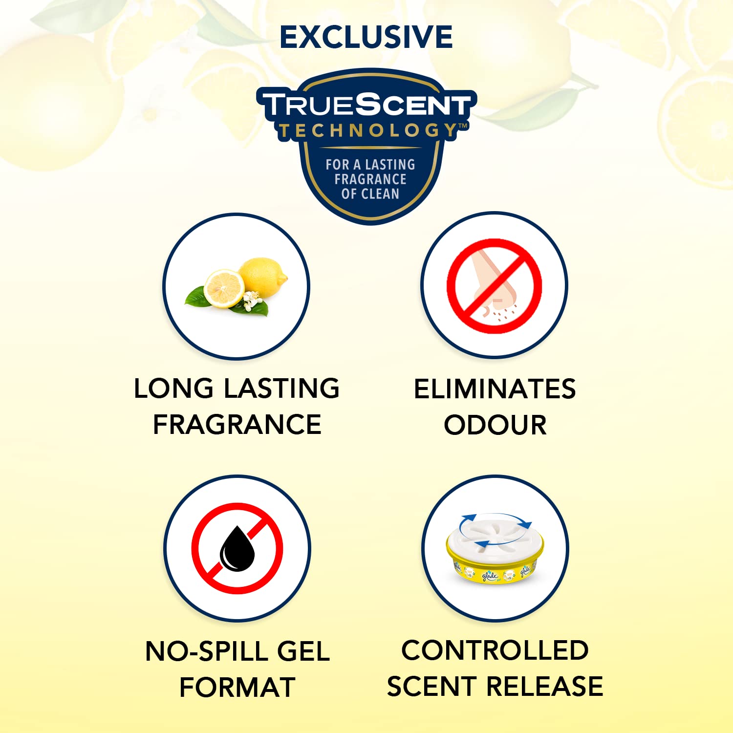 Glade Gel Air Freshener - 75g Lemon Scent | Long-Lasting Home & Car Odor Eliminator | Bathroom, Kitchen, Office & Closet Freshener Gel