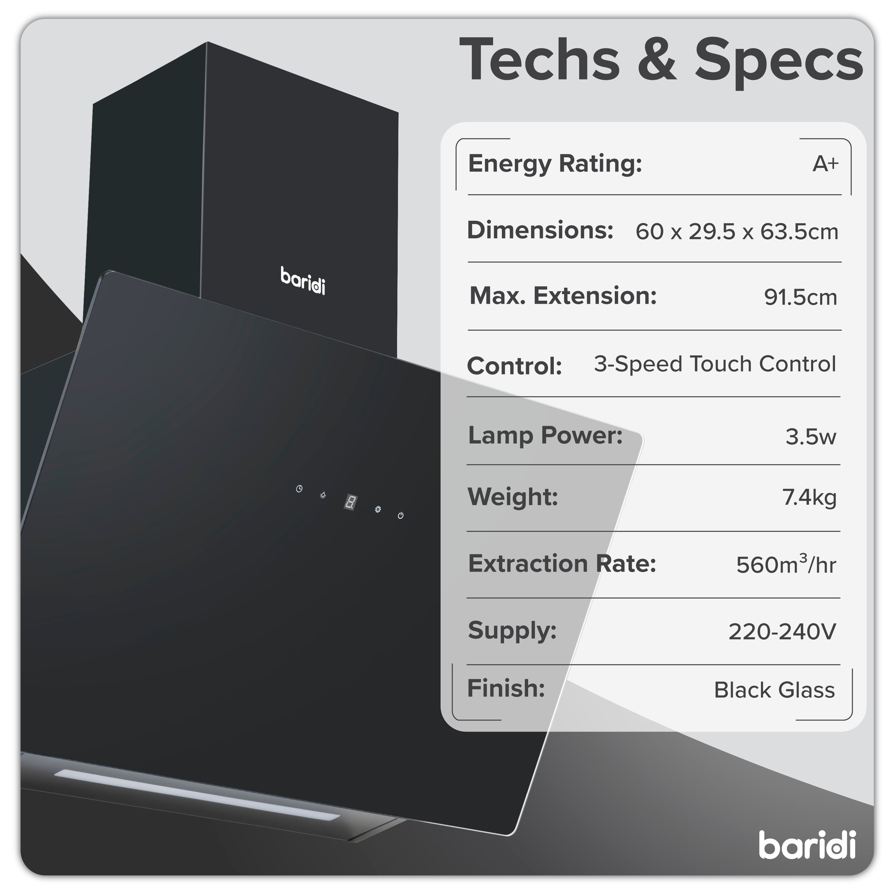 Baridi 60cm Angled Chimney Range Hood with Carbon Filters - Touch Control & LED Lighting - Black Glass Kitchen Exhaust Fan - Perfect for Modern Kitchens, Apartments & Open-Plan Homes (Model DH105)