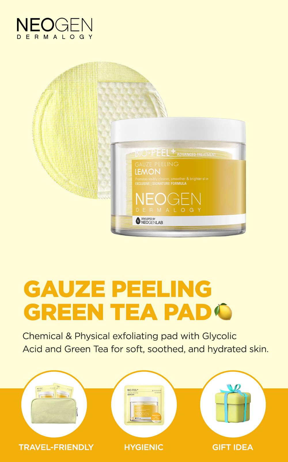 NEOGENLAB DERMALOGY Bio-Peel Gauze Peeling Pads - Lemon & Wine Exfoliating Treatment (30 Pads Each) for Brightening & Pore Care | At-Home Facial & Skincare Routine